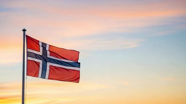 Norwegian flag waving in sunset sky, symbolizing sovereignty and national pride. Concept of independence and republic day.