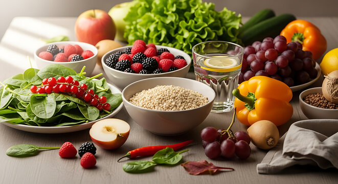 A vibrant display of fresh produce featuring fruits vegetables and grains arranged on a neutral surface