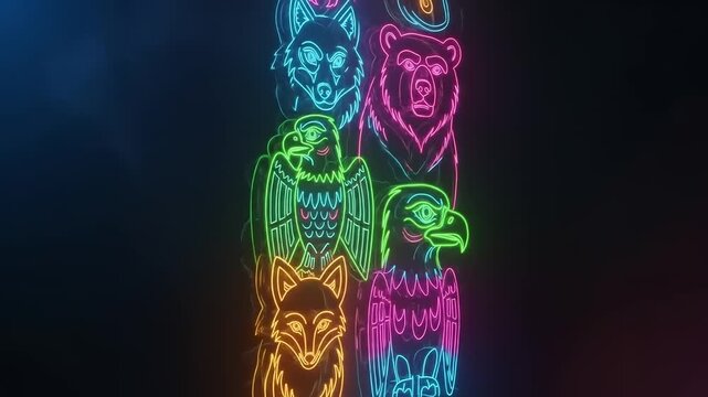 Vibrant Neon Totem Pole with Animal Figures Illuminated at Night.