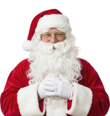 Santa Claus smiling portrait with hands clasped over chest on a transparent background PNG image