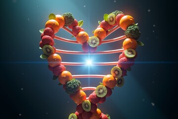 Heart-shaped DNA strand made of fruits and veggies, glowing center against dark background. Vibrant, healthy life symbol.