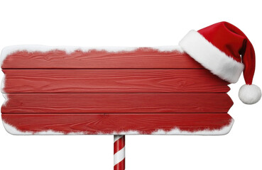 Red Wooden Sign Board with Fresh Snow and Santa Hat on Transparent Background PNG File