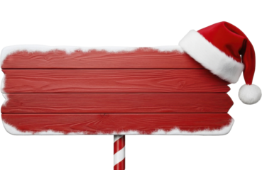 Red Wooden Sign Board with Fresh Snow and Santa Hat on Transparent Background PNG File