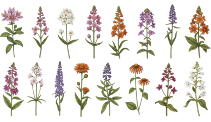  Collection of assorted colorful botanical floral arrangements on a transparent background, PNG image, PNG file.