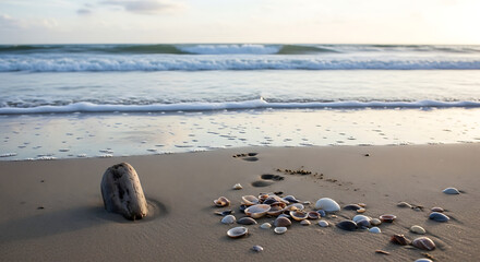 A beach scene featuring seashells driftwood and gentle waves under a bright sky at the coastline