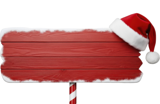 Red Wooden Sign Board with Fresh Snow and Santa Hat on Transparent Background PNG File - Powered by Adobe