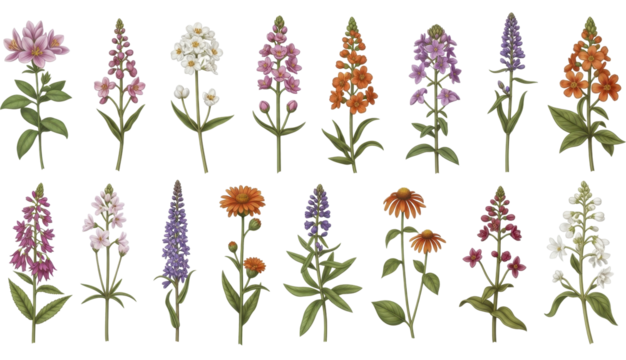  Collection of assorted colorful botanical floral arrangements on a transparent background, PNG image, PNG file.