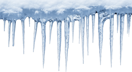 Winter season sharp blue icicles with fresh white snow hanging down on a transparent background, PNG image