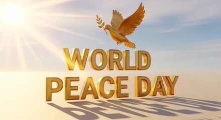 Golden dove carrying olive branch for world peace day with sun rays