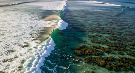 Waves crashing on a coral reef with clear turquoise water on a sunny day