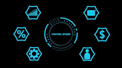 Futuristic Control Sphere with Business and Technology Icons on Black Background image photo - Powered by Adobe