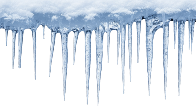 Winter season sharp blue icicles with fresh white snow hanging down on a transparent background, PNG image