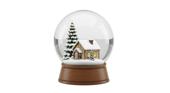  Festive snow globe with a winter cabin and snowy evergreen tree on a transparent background PNG image