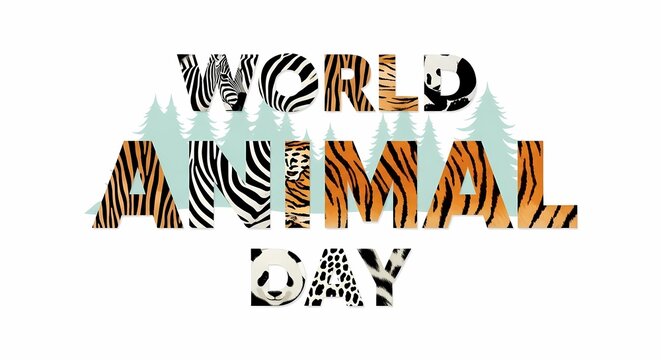 World animal day celebration with animal print letters isolated on white background