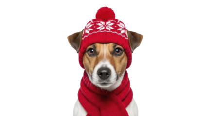  Jack Russell dog wearing red knitted winter hat with snowflakes and scarf on a transparent background, PNG image