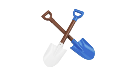  White and blue plastic toy shovels crossed for sand play on a transparent background, PNG image, PNG file