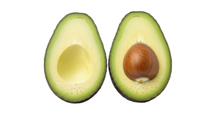  Fresh ripe avocado halves, one with pit and one without, on a transparent background, PNG image