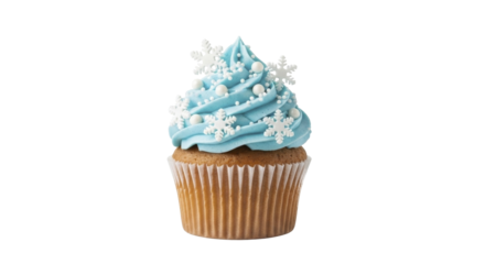 Winter holiday celebration cupcake with light blue frosting and white snowflakes on a transparent background PNG image