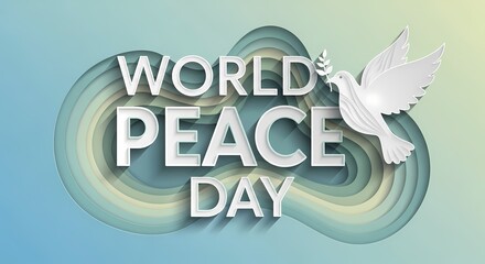 World peace day celebration with a dove holding an olive branch isolated on white background