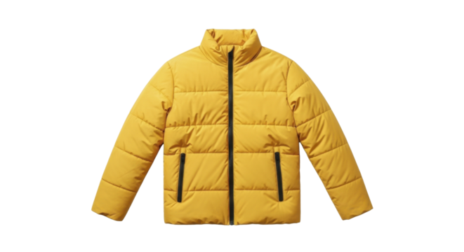 Yellow puffer jacket winter quilted outerwear on a transparent background PNG image - Powered by Adobe
