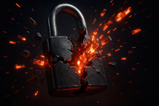 Broken padlock surrounded by glowing shards symbolizes cybersecurity breach, representing vulnerability and need for protection