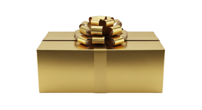  Gold gift box with metallic ribbon and festive bow on a transparent background PNG image