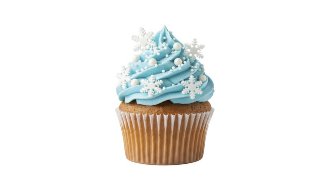 Winter holiday celebration cupcake with light blue frosting and white snowflakes on a transparent background PNG image