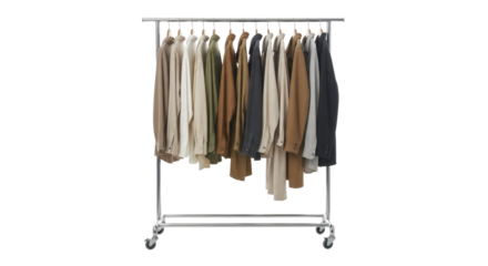 Neutral Toned Long Sleeve Shirts on Clothing Rack on Transparent Background PNG file