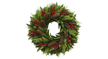 Festive Christmas Wreath with Red Berries and Pine Cones on a transparent background PNG image