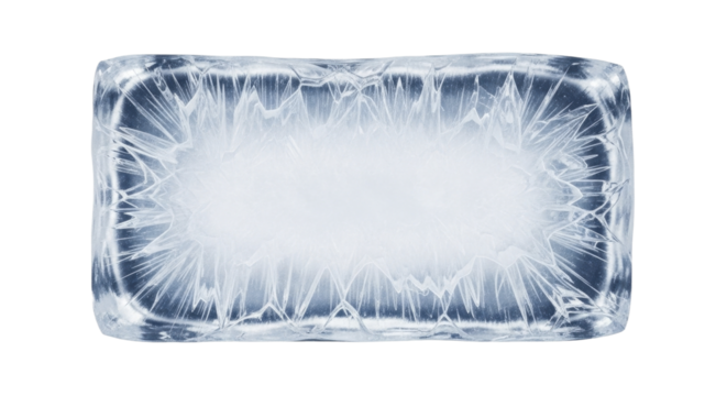 Single rectangular ice cube with intricate internal frosty texture on a transparent background, PNG image, PNG file