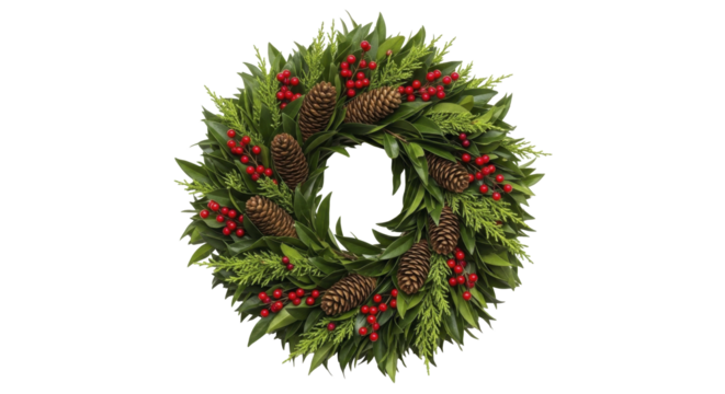 Festive Christmas Wreath with Red Berries and Pine Cones on a transparent background PNG image