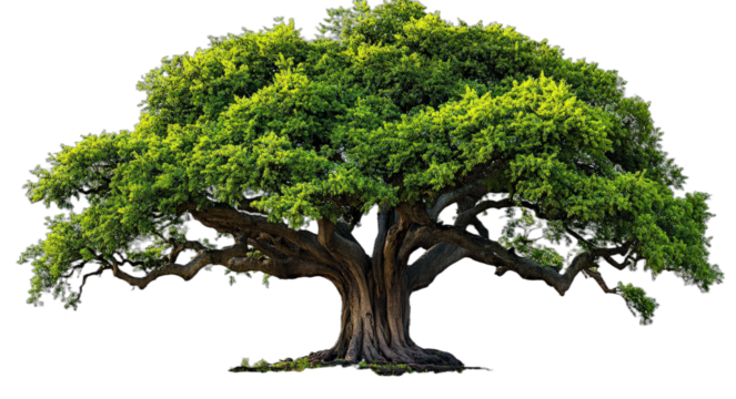 Large green tree with thick trunk and lush foliage