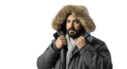 Arab man in warm winter parka with fur hood and gray scarf on a transparent background PNG file