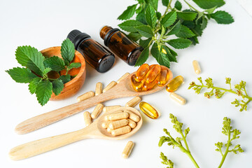 Alternative medicine herbal organic capsule vitamin E omega 3 fish oil drug herbs leaf natural