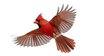 Vibrant Red Northern Cardinal Bird Flying with Spread Wings on a Transparent Background PNG File