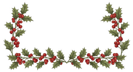 Christmas holly berry branches border on a transparent background PNG image for winter holidays