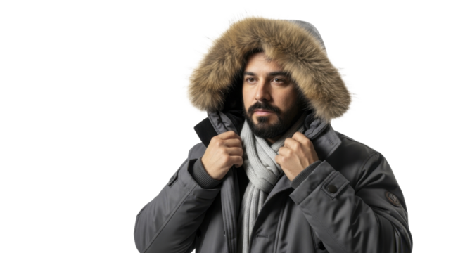 Arab man in warm winter parka with fur hood and gray scarf on a transparent background PNG file