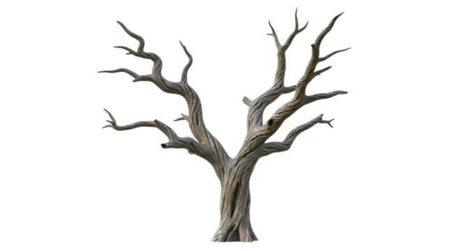 A leafless weathered tree with gnarled twisted branches on a transparent background, isolated PNG image, PNG file