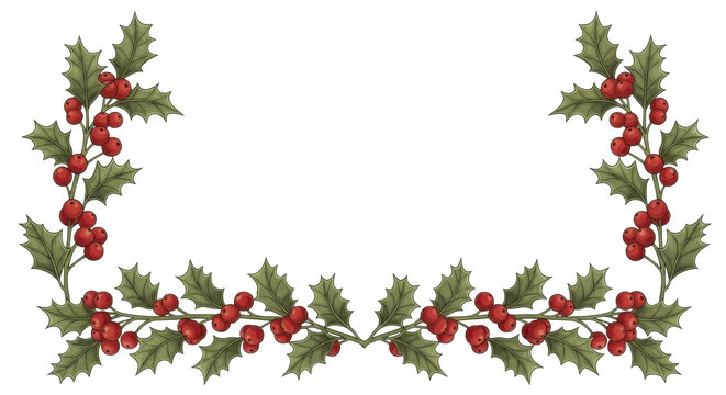 Christmas holly berry branches border on a transparent background PNG image for winter holidays