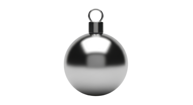 Gleaming silver metallic sphere ornament with a hanging loop on a transparent background, PNG image, PNG file