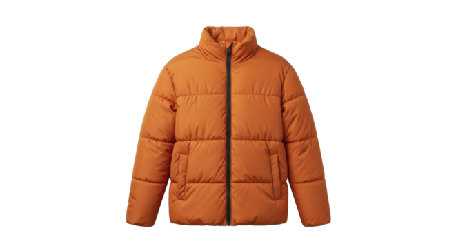 Rust Colored Puffer Jacket Winter Outerwear Front View on a Transparent Background PNG file