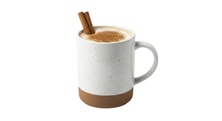 White speckled ceramic mug with frothy spiced beverage and cinnamon sticks on a transparent background PNG image