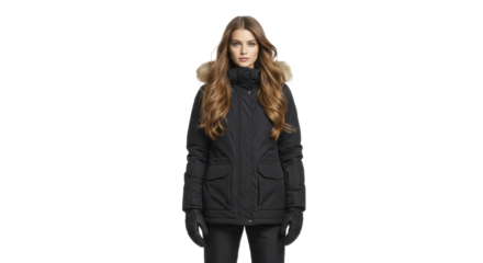  Young woman wearing black winter parka with fur hood and gloves on a transparent background, PNG image