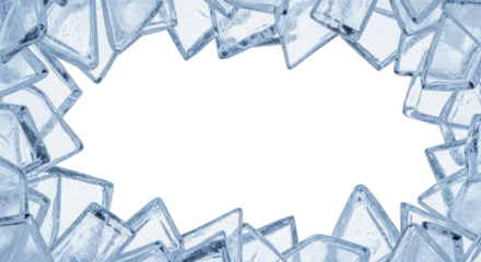 Heap of transparent ice cubes forming a cool icy frame on a transparent background PNG image PNG file for refreshing winter projects