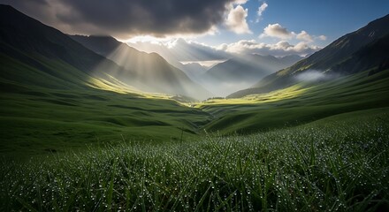 Sun rays shining through the clouds over a green valley in the mountains