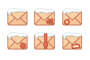 Winter envelope flat icon set. featuring snow-covered, decorated, gift, and festive seal icons