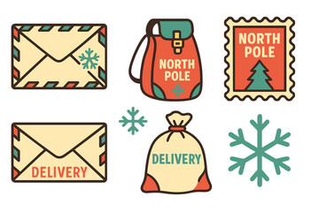 Christmas delivery flat icon set. featuring mail, backpack, stamp, gift bag, snowflake symbols