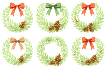 Christmas wreath flat icon set. featuring wreaths with bows, pinecones, and holly accents