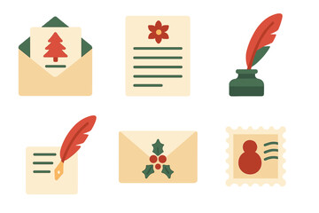 Holiday correspondence flat icon set. featuring envelope, letter, quill, stamp, and holly motifs