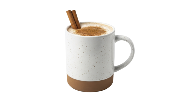 White speckled ceramic mug with frothy spiced beverage and cinnamon sticks on a transparent background PNG image